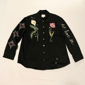Cinq a Sept Let Love In Embroidered Heart Star Flower Jacket Black Size Large